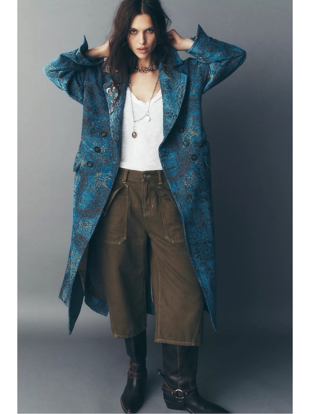 Free People Bohemian Rock Witchy Celestial Blue Paisley Micah Maxi Coat XL NWT